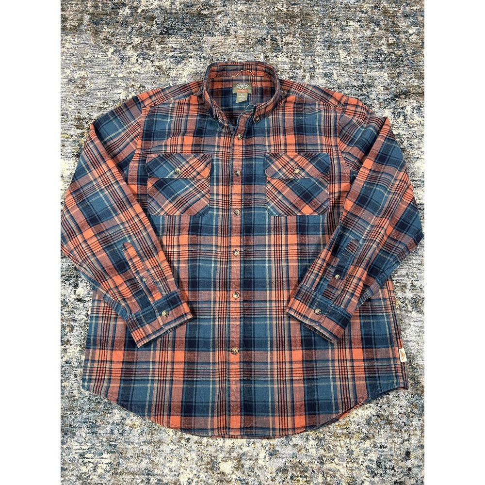 St. Johns Bay Outdoor Flannel Button Down Shirt Plaid Orange Blue Mens XL